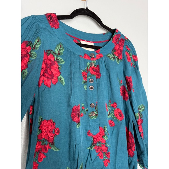 Anthropologie Maeve Kalas teal henley floral woven blouse - Picture 7 of 10
